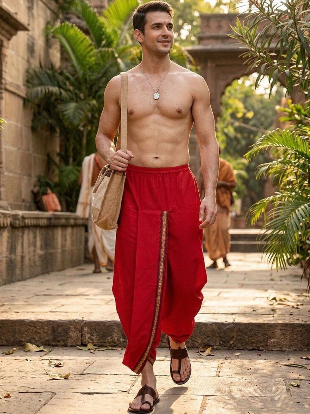 RAMESHWARAM FABRICS Men Solid Red Ready To Wear Cotton Dhoti Pant With Pocket - view 1