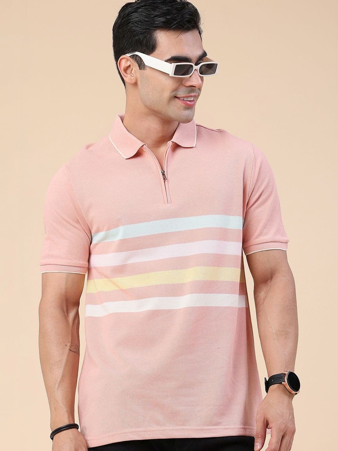V-Mart Men Striped Polo Collar T-shirt - view 1