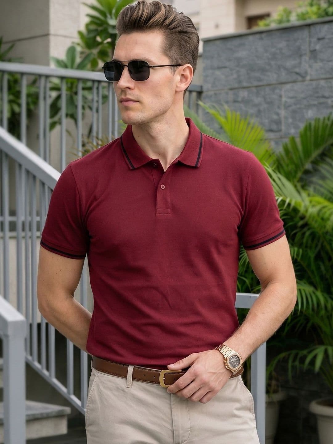 VEIRDO Men Maroon Solid Polo Collar Cotton T-shirt - view 1