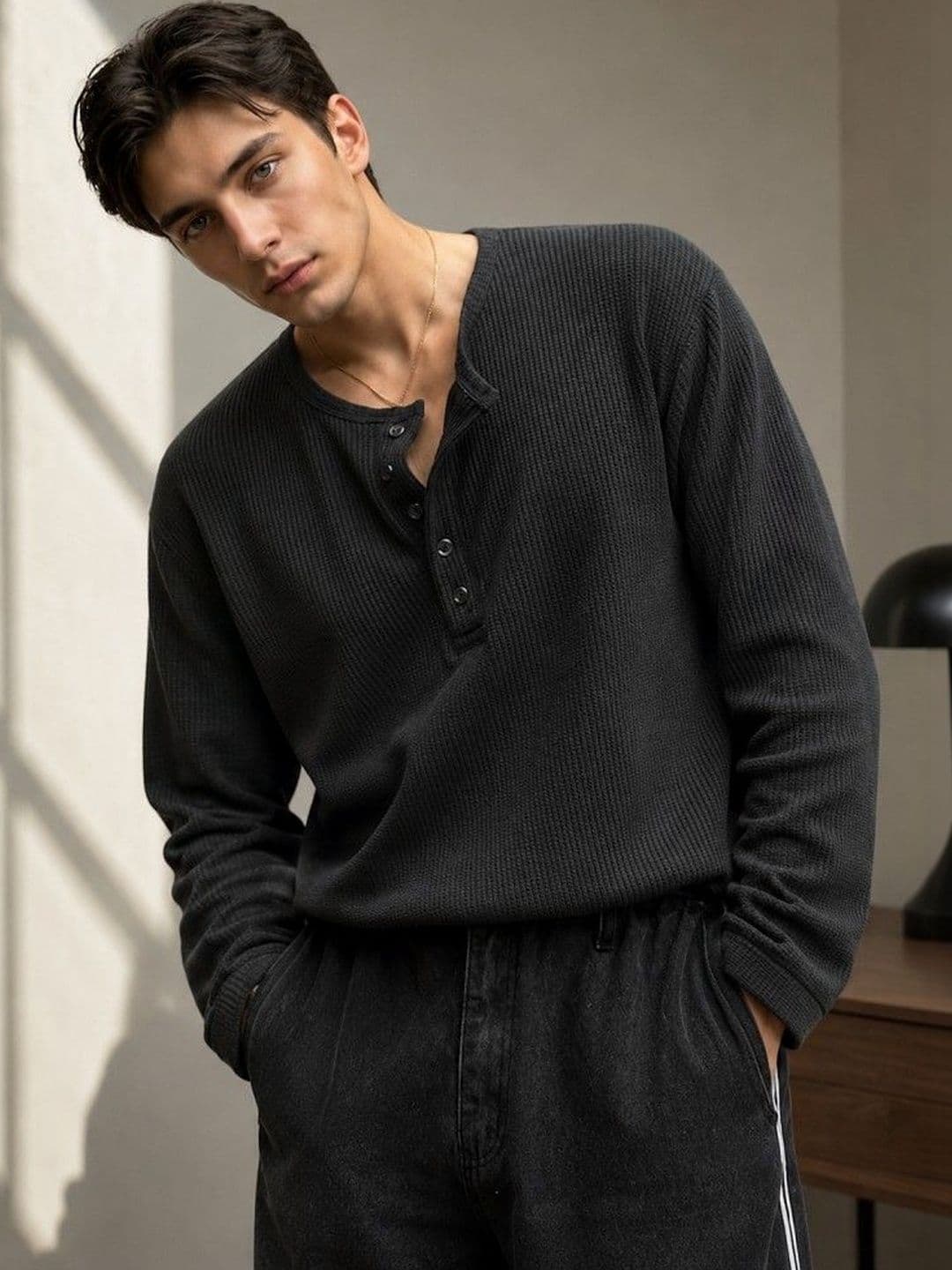 Netclick Men Textured Henley Neck Cotton T-shirt - view 1