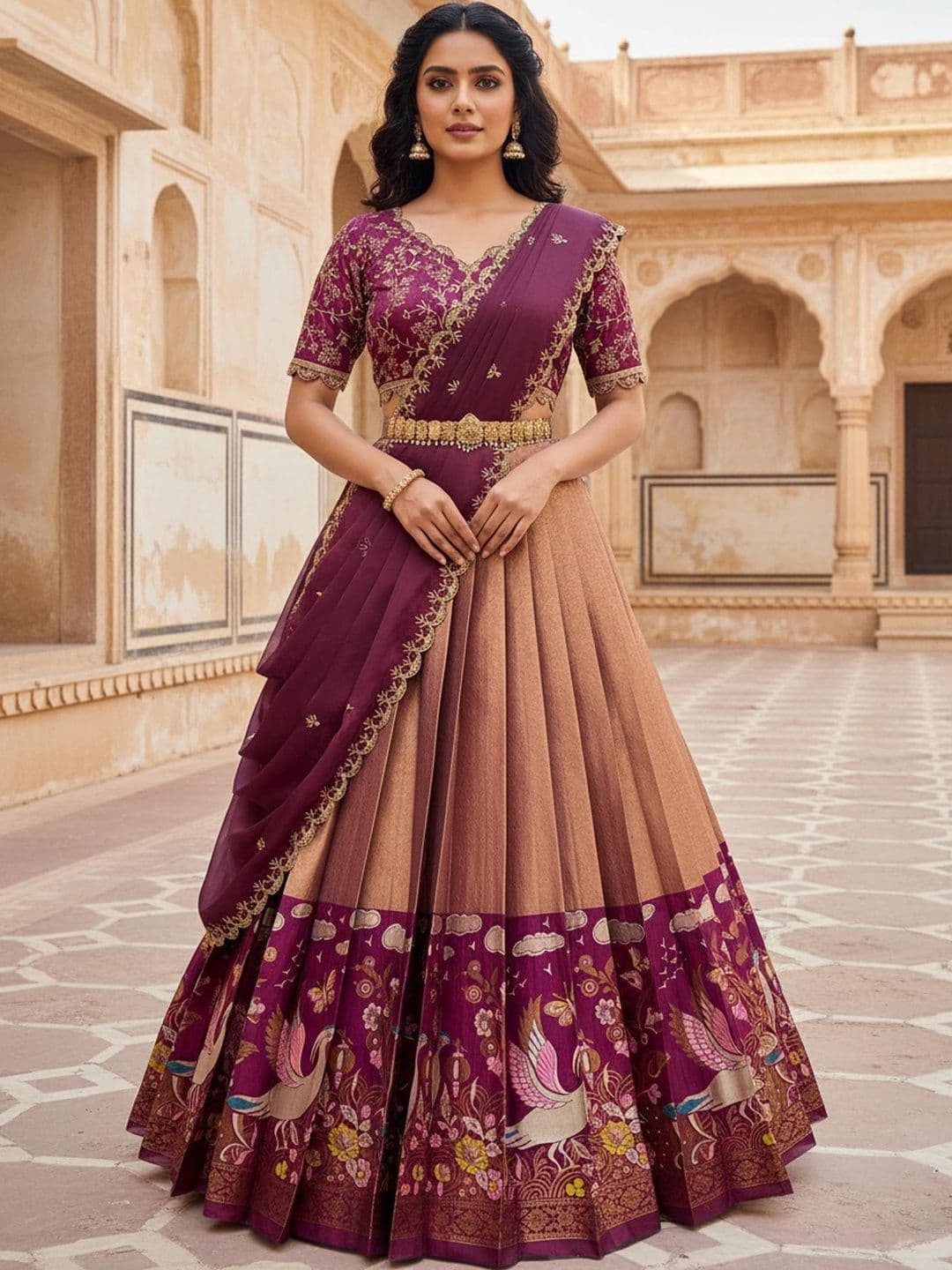 Pink Bindi Embroidered Thread Work Unstitched Lehenga & Blouse With Dupatta - view 1