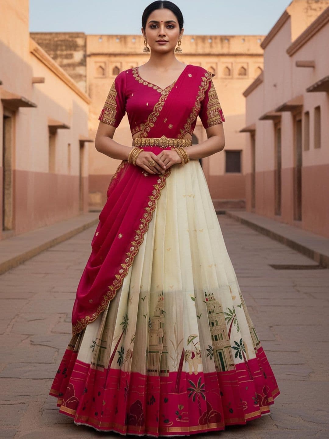 Pink Bindi Embroidered Unstitched Lehenga & Blouse With Dupatta - view 1