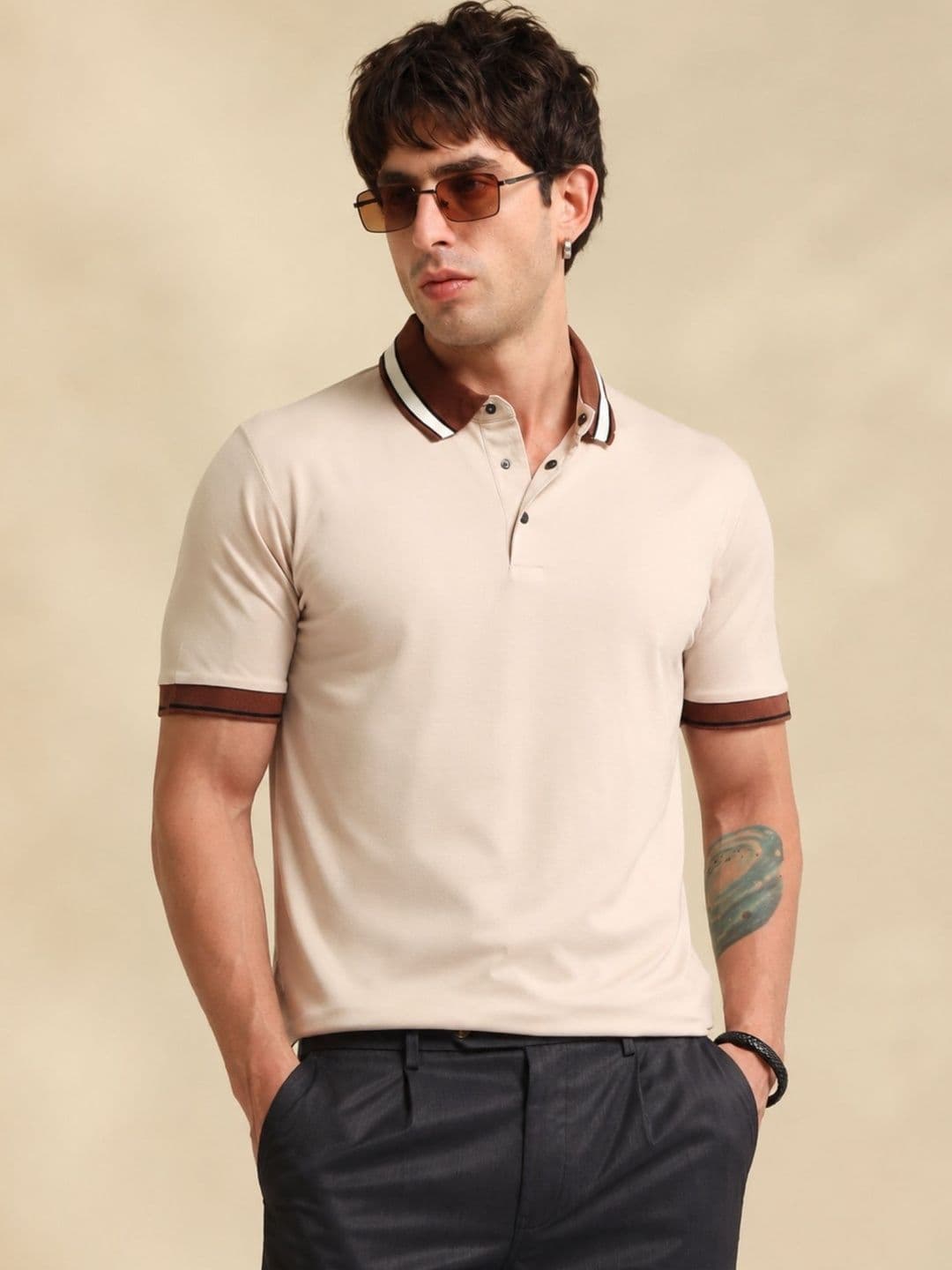 Maniac Men Biscuit Contrast Half Sleeve Polo T-Shirt - view 1
