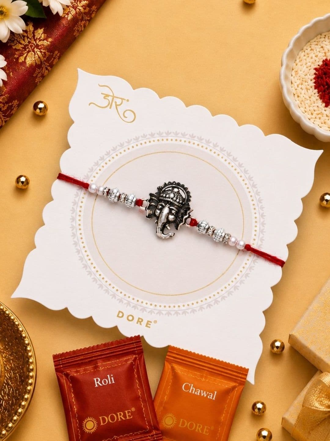 Dore Oxidized Silver Antique Ganesha Rakhi with Roli Chawal - view 1