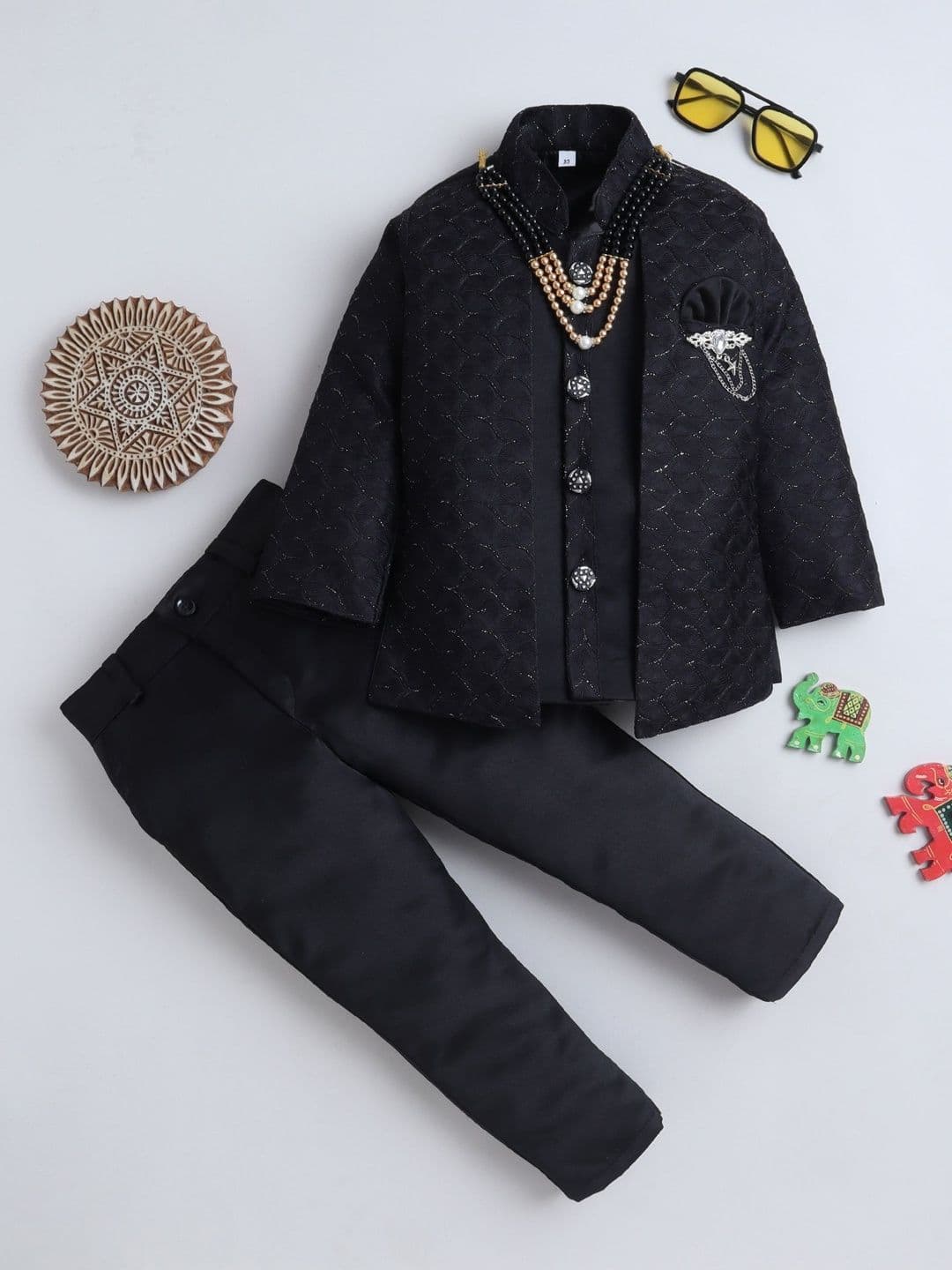 KALINI Boys Geometric Diamond Woven Pattern Sherwani & Trouser Set - view 1