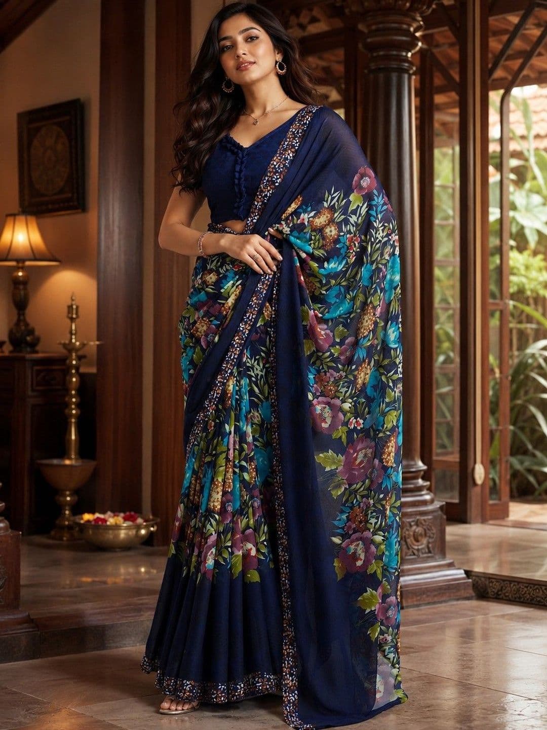 Sangria Floral Poly Georgette Saree - view 1