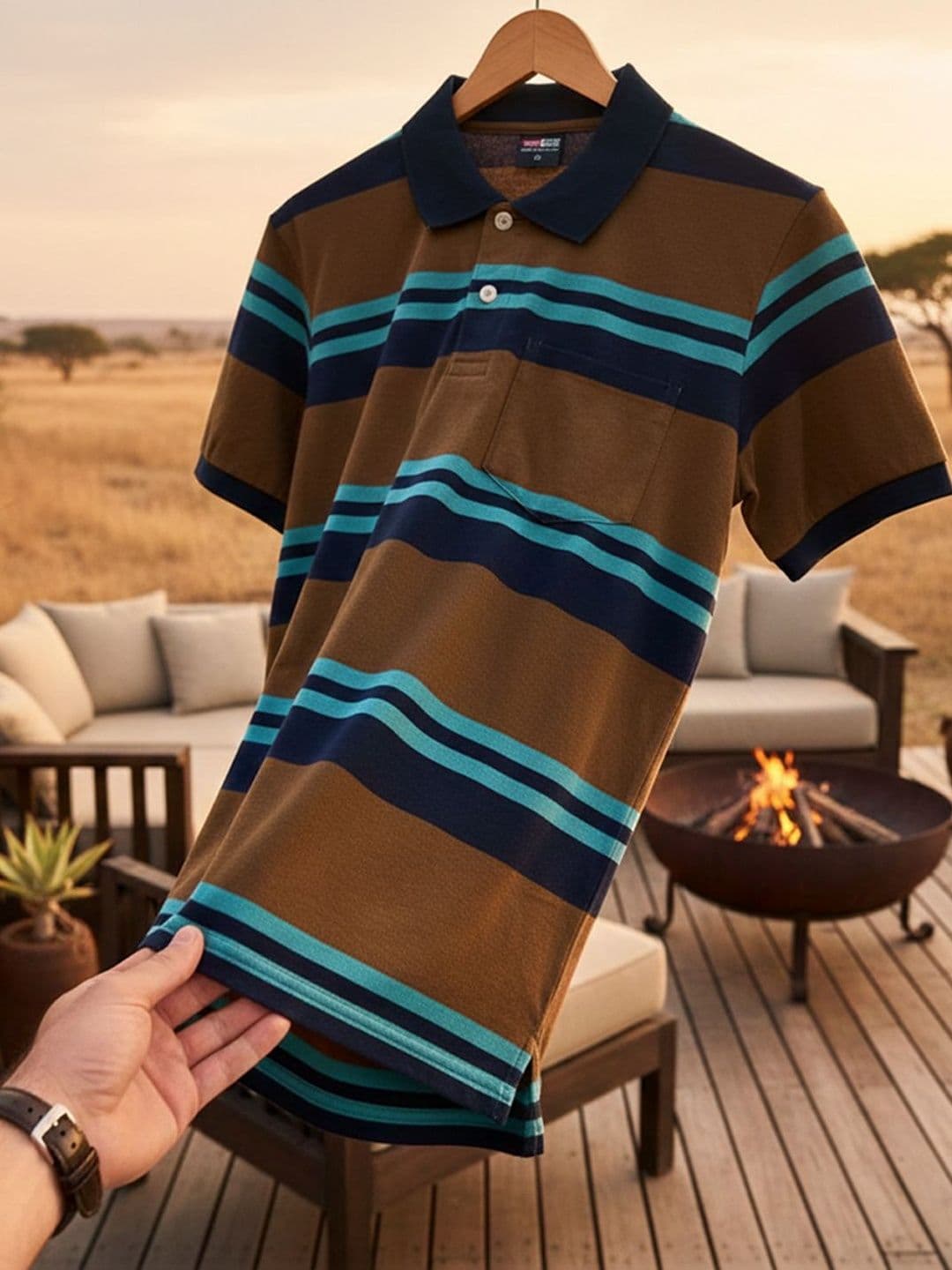 Moda Rapido Men Striped Polo Collar Pockets T-shirt - view 1