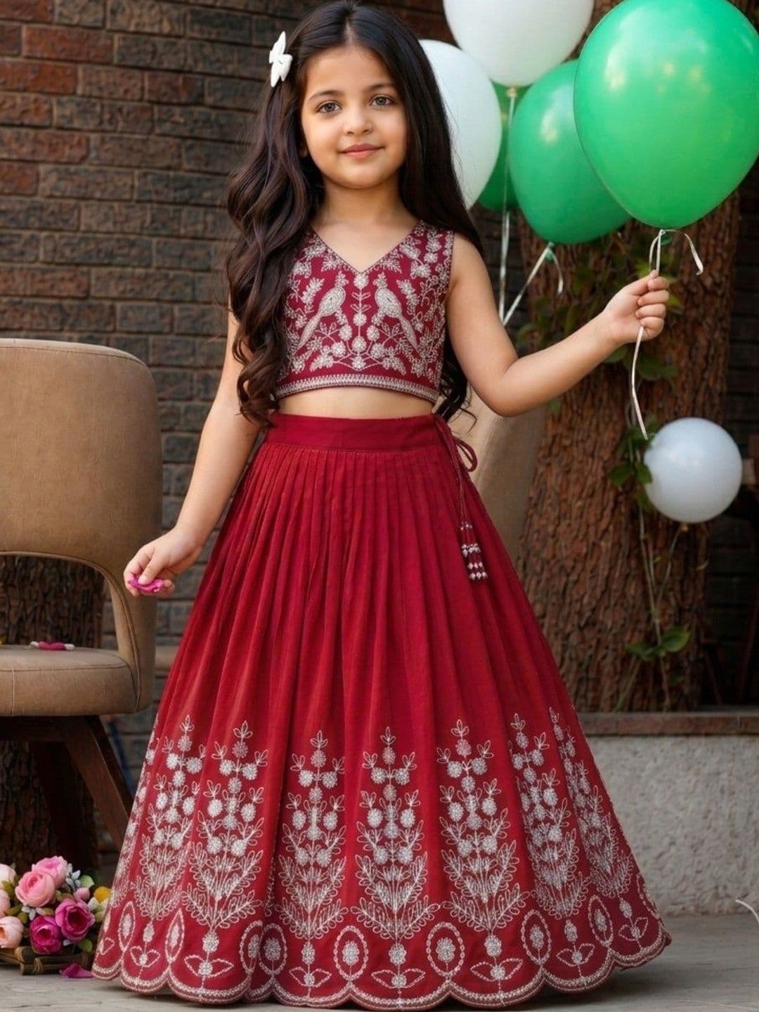 Sangria Girls Embroidered Thread Work Ready to Wear Lehenga & Blouse With Dupatta - view 1