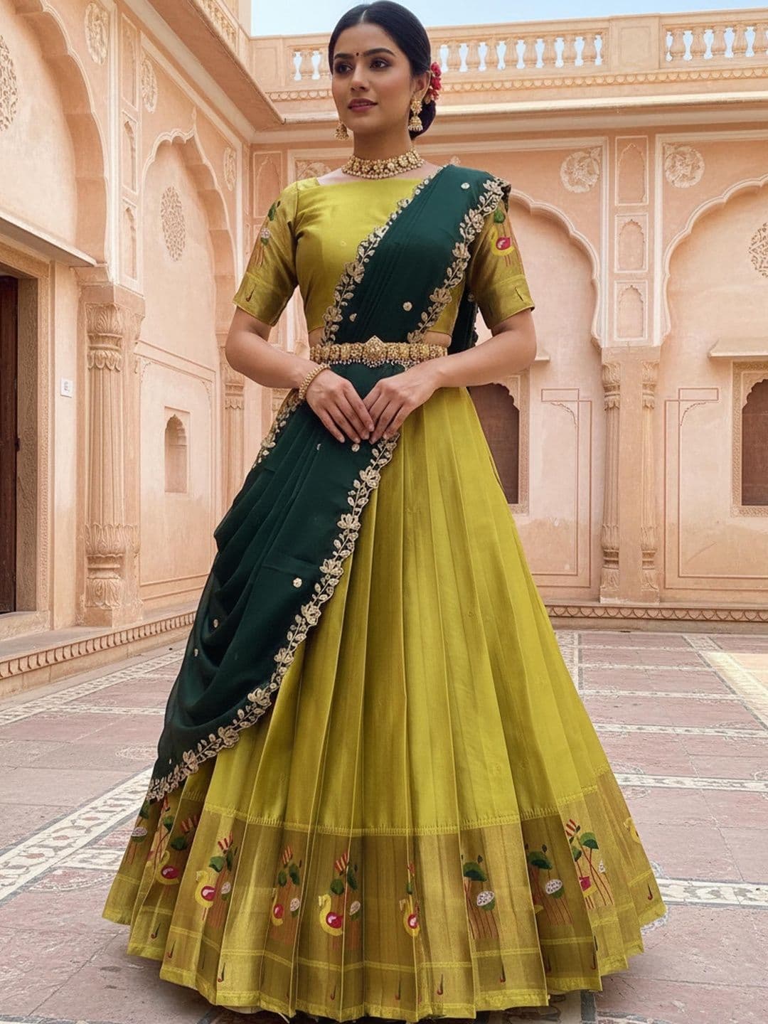 Pink Bindi Embellished Thread Work Unstitched Lehenga & Blouse With Dupatta - view 1
