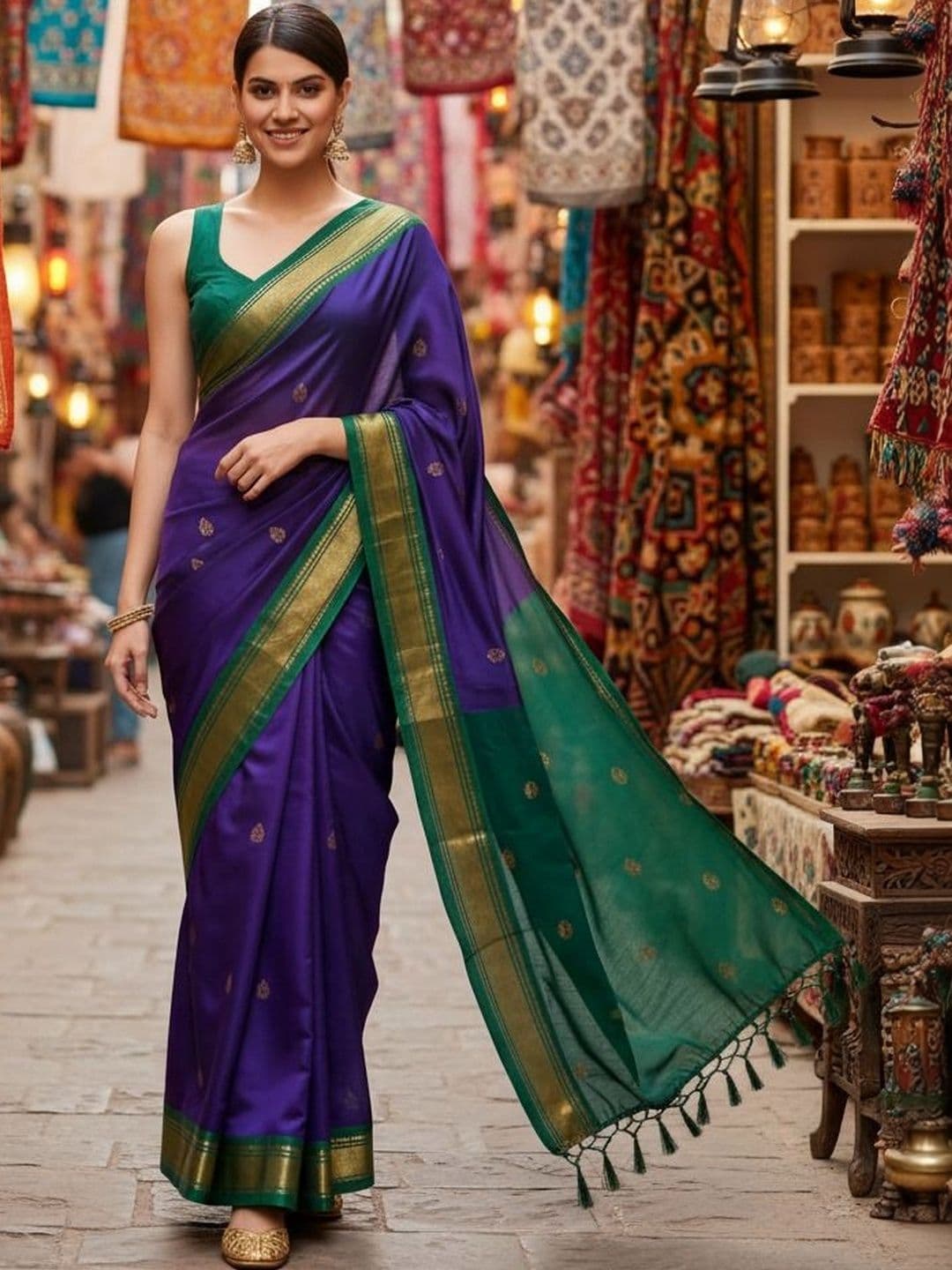 Sangria Kalamkari Zari Pure Cotton Kanjeevaram Saree - view 1