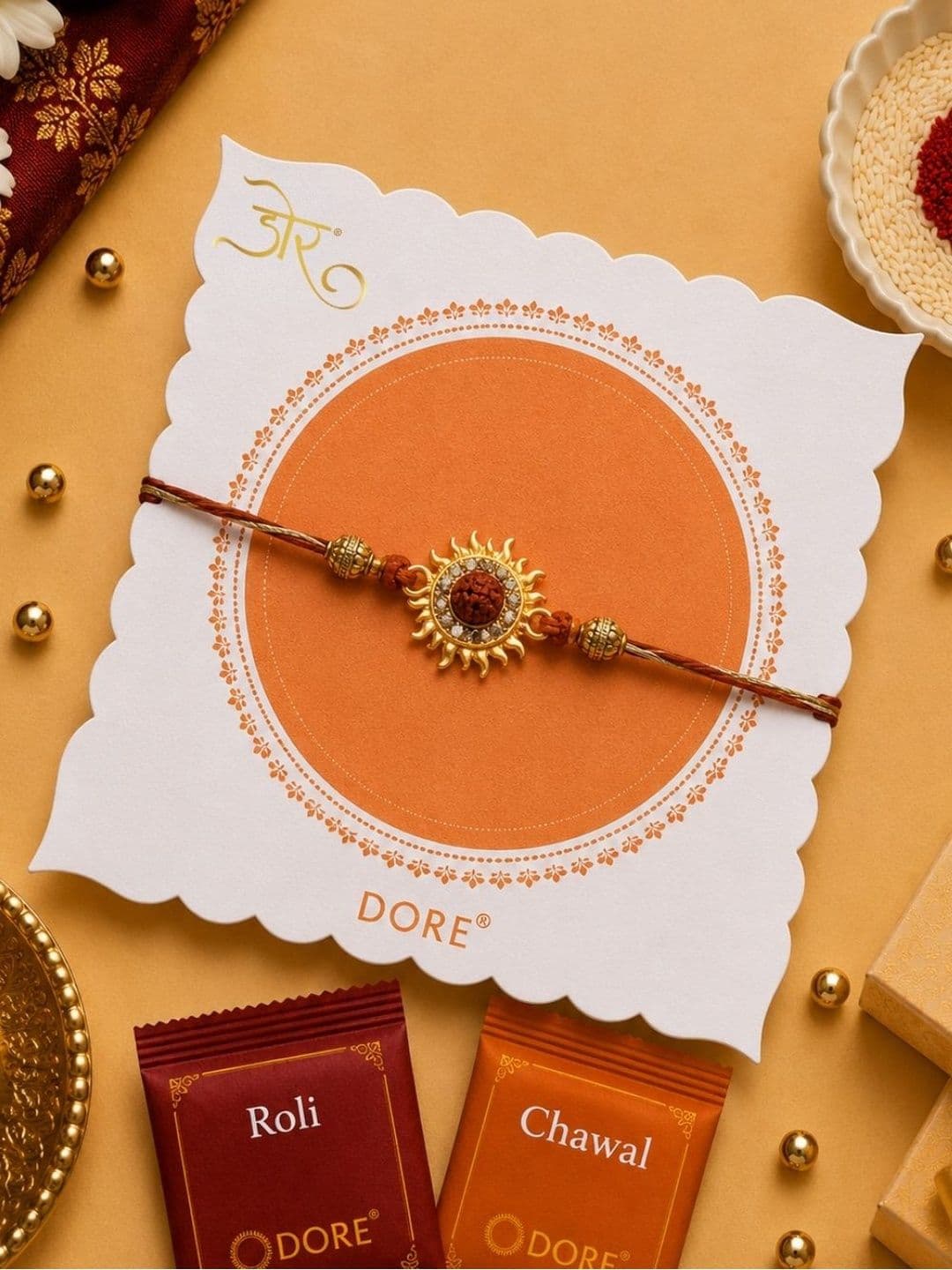 Dore Spiritual Rudraksha Sun Rakhi with Roli Chawal Ritual Kit - view 1