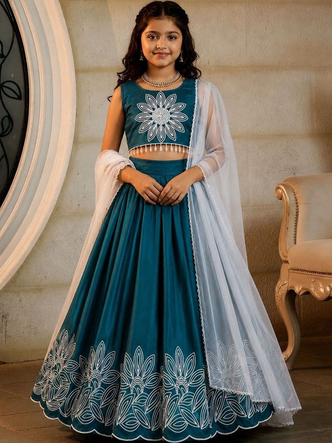 KALINI Girls Embroidered Thread Work Ready to Wear Lehenga & Blouse With Dupatta - view 1