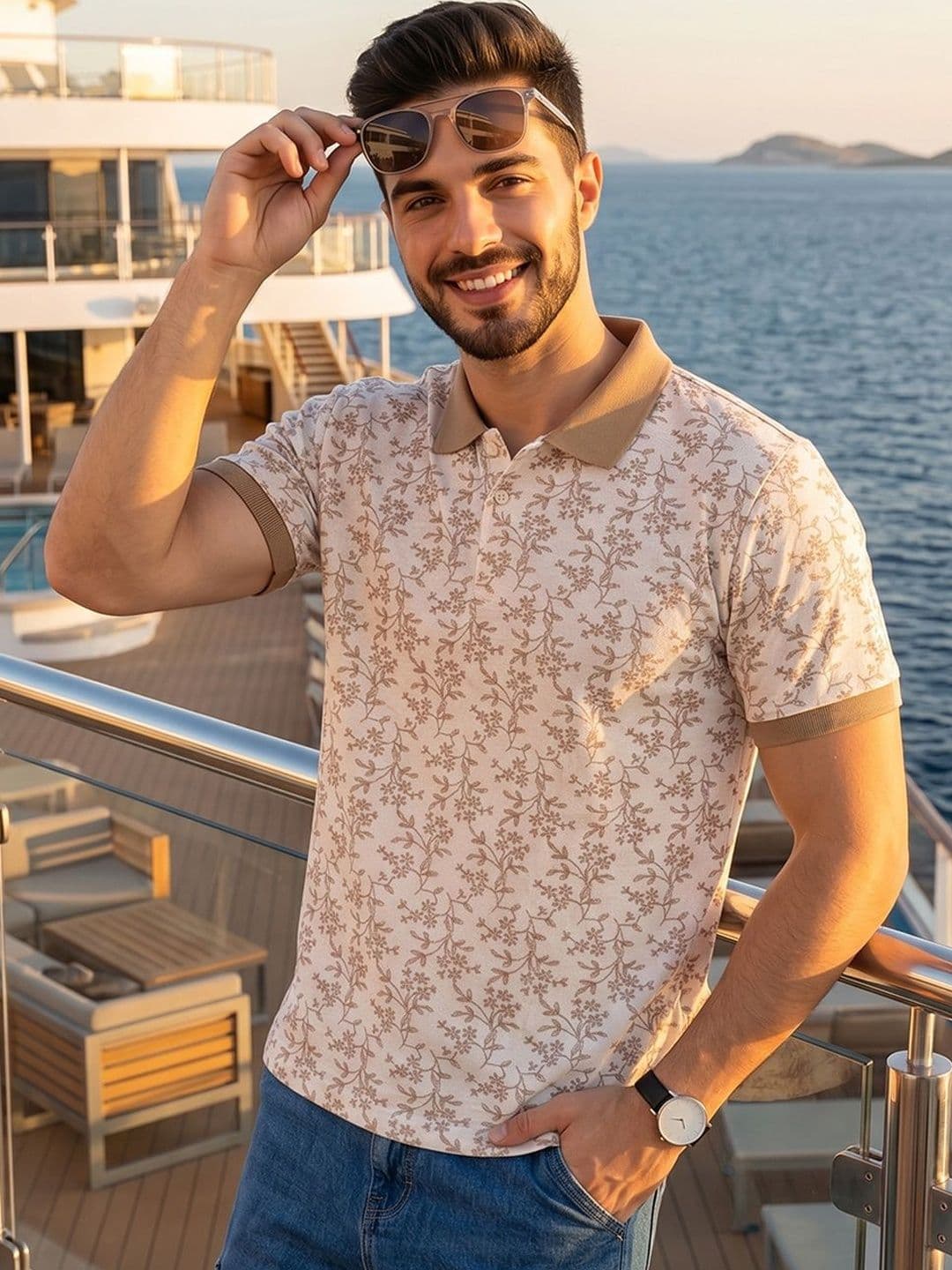 HERE&NOW Men Floral Printed Polo Collar T-shirt - view 1