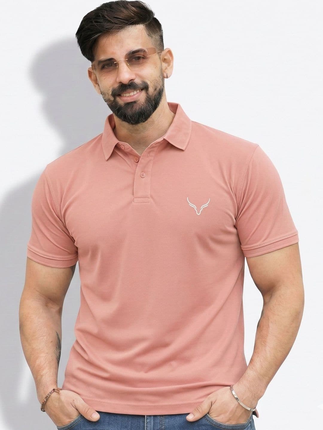 HANABY Peach Polo Collar Muscle Fit T-shirt with Brand Logo - view 1