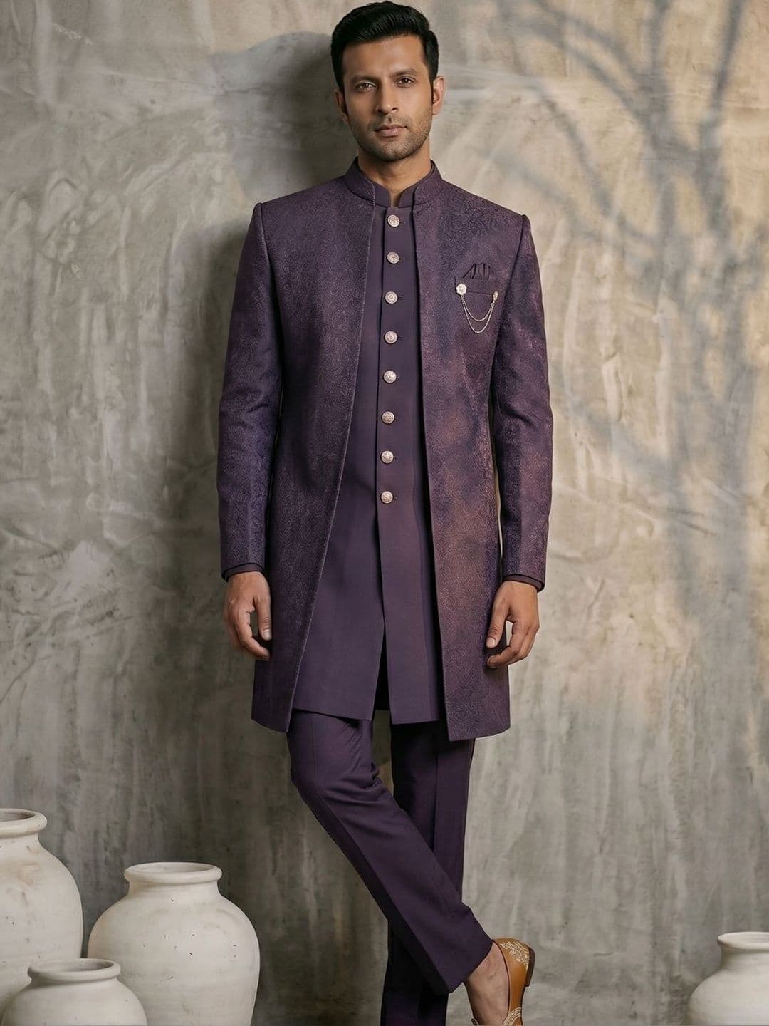 TRIANGLE Jodhpuri Self-Designed Mandarin Collar Sherwani - view 1