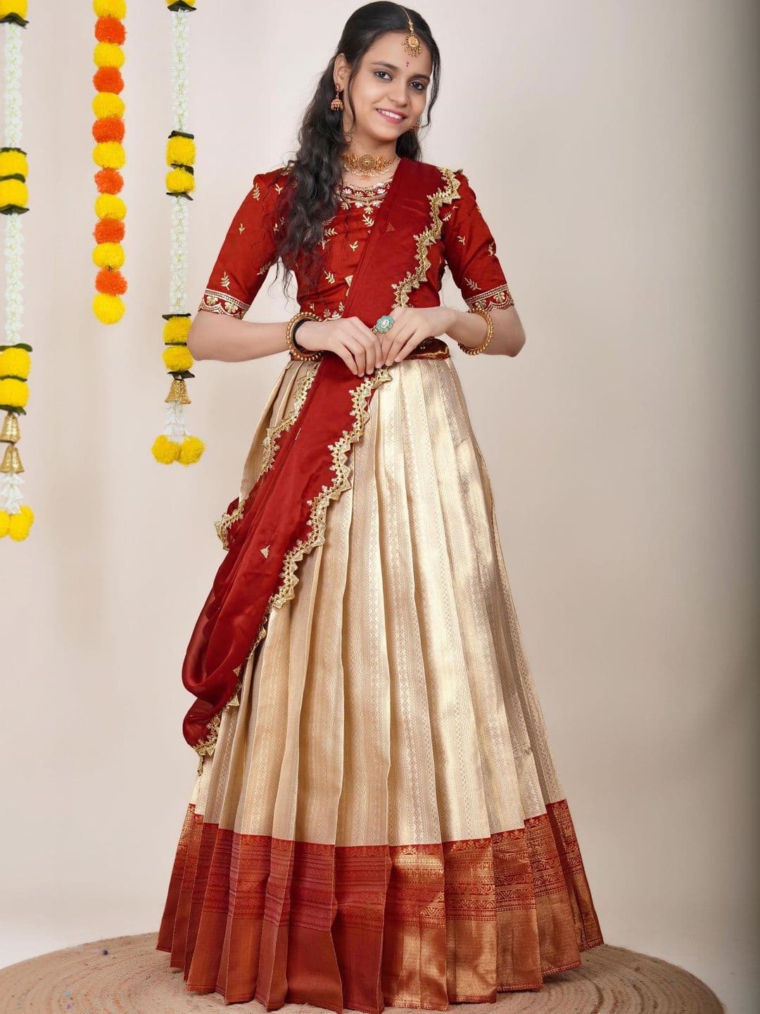 Pink Bindi Embroidered Unstitched Lehenga & Blouse With Dupatta - view 1