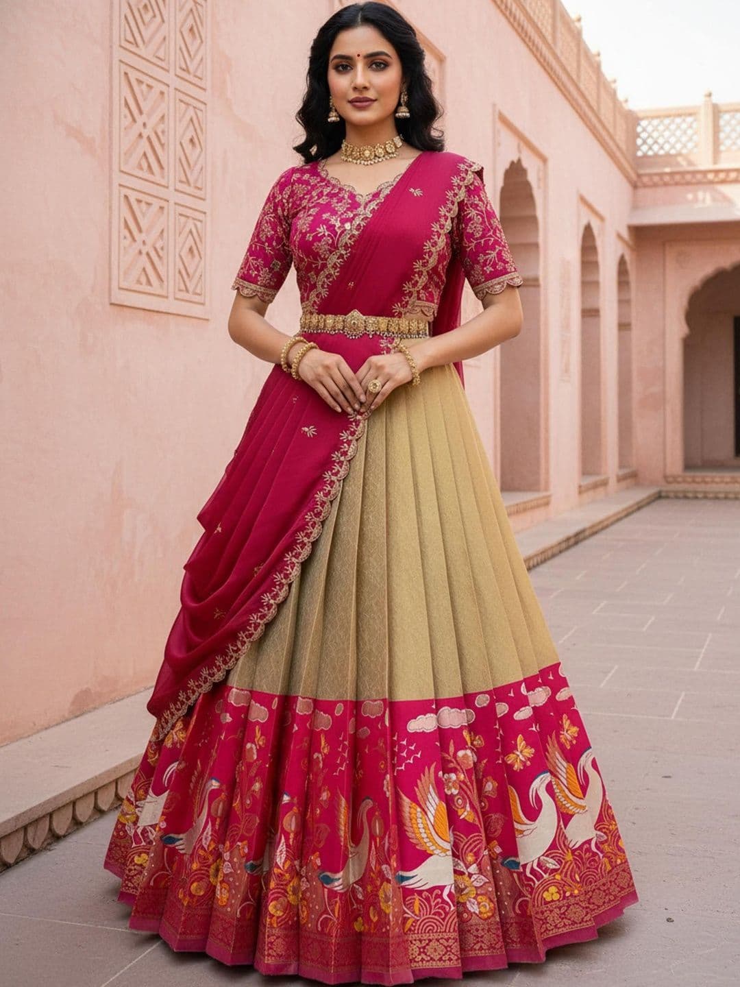 Pink Bindi Embroidered Unstitched Lehenga & Blouse With Dupatta - view 1
