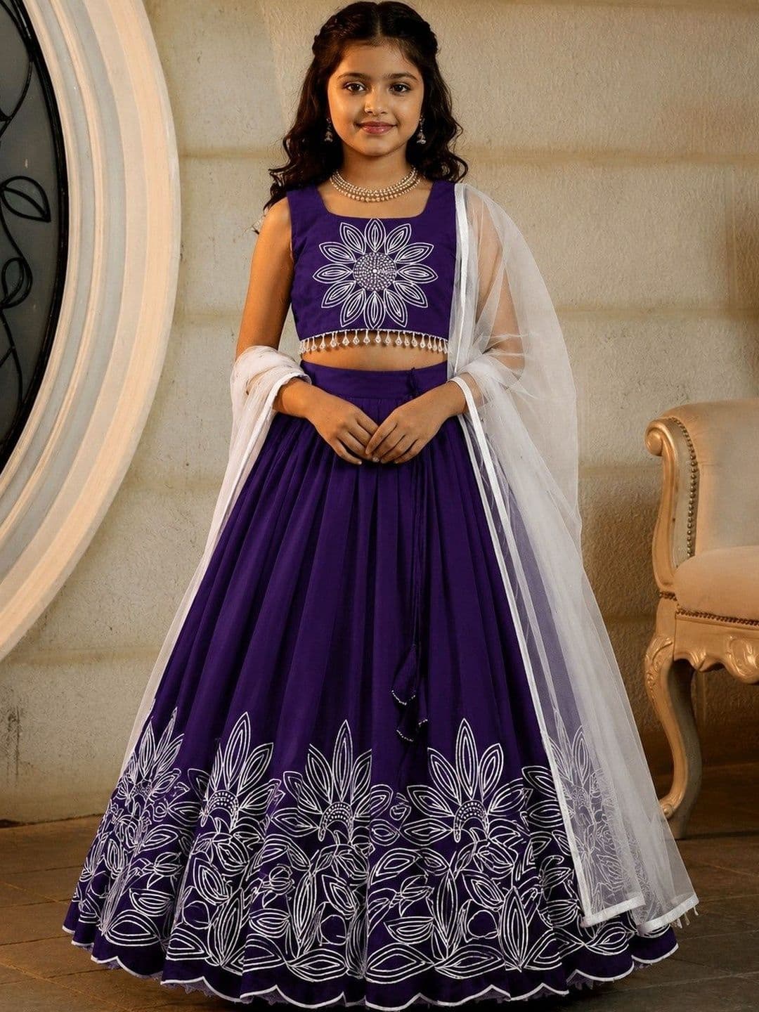 KALINI Girls Embroidered Thread Work Ready to Wear Lehenga & Blouse With Dupatta - view 1