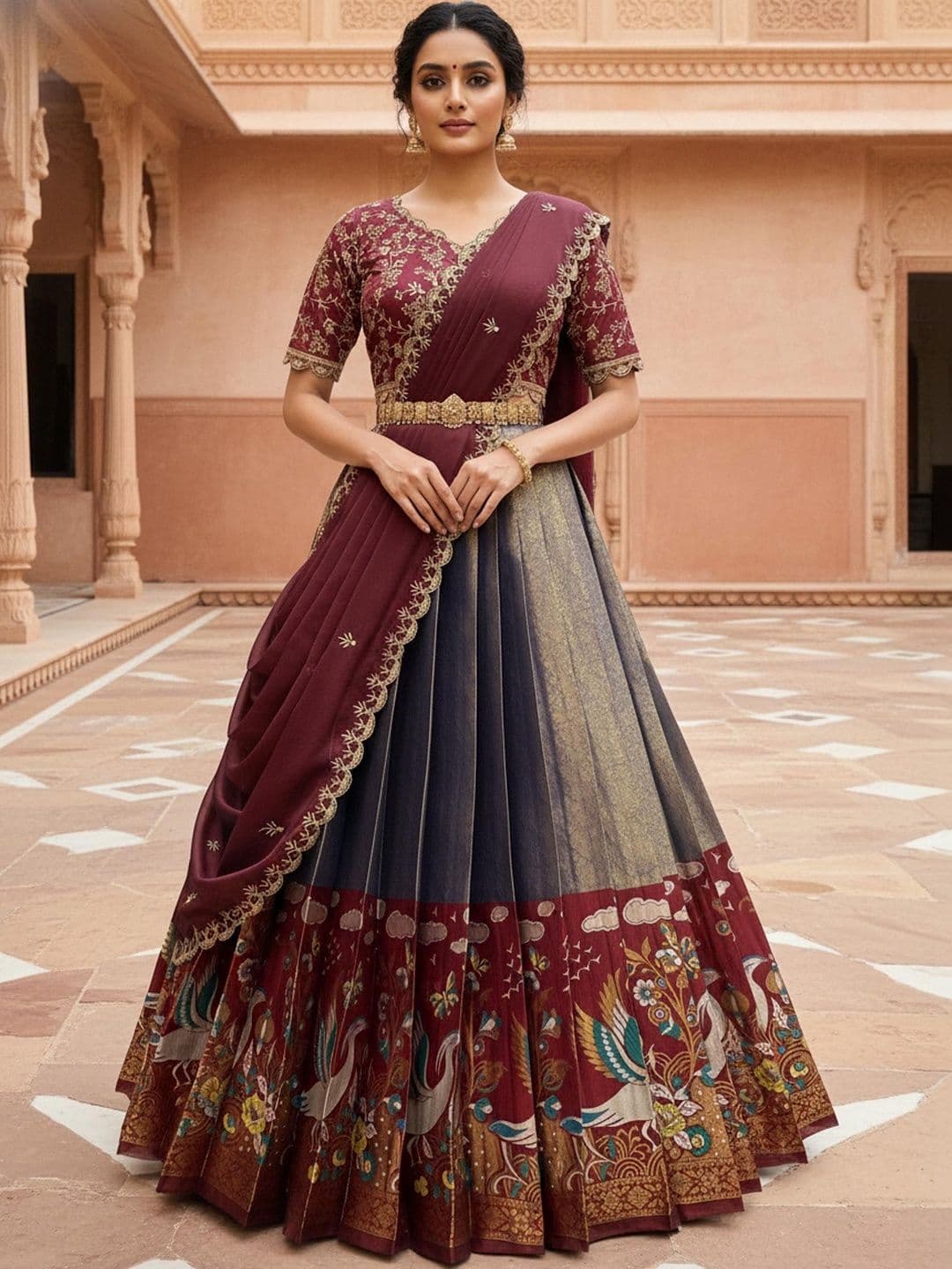 Pink Bindi Embroidered Unstitched Lehenga & Blouse With Dupatta - view 1