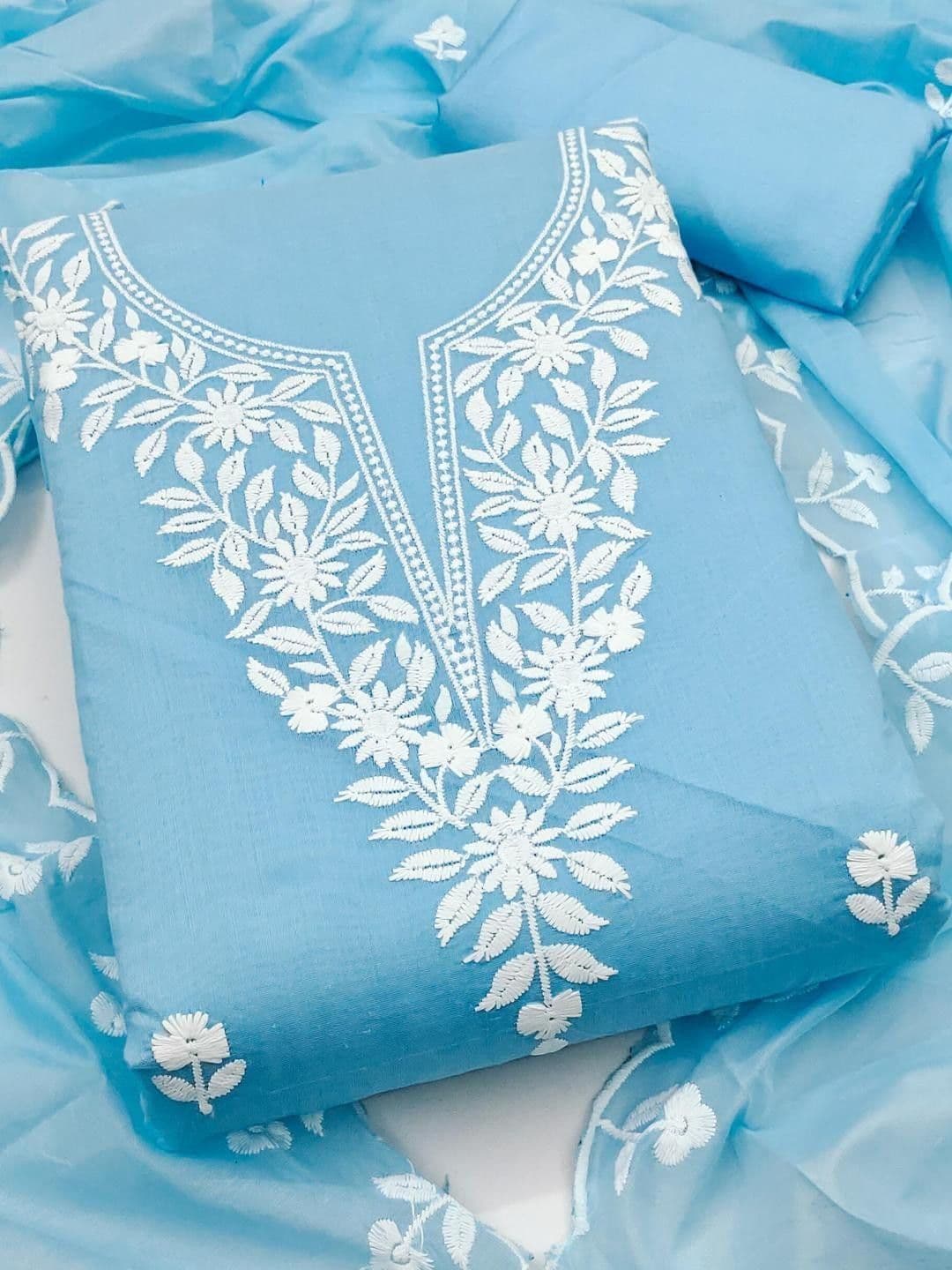 Kalini Women Sky Blue Chanderi Cotton Weaving Unstitched Dress Material with Dupatta - view 1