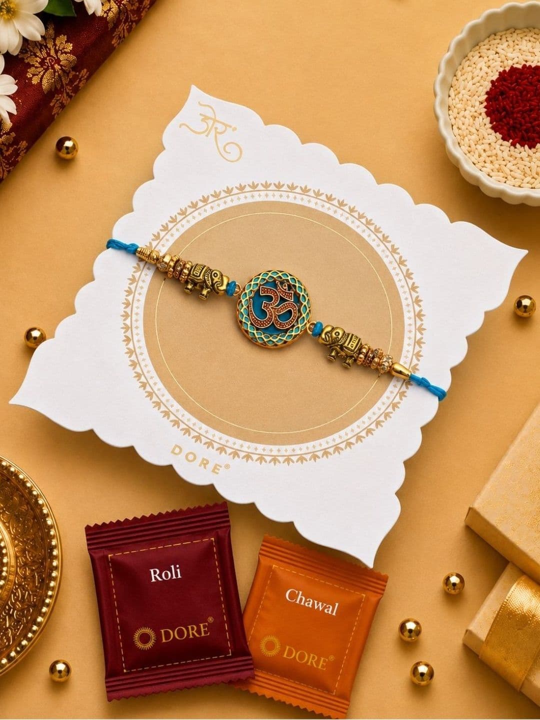 Dore Golden Colored Om & Elephant Turquoise Beaded Rakhi with Roli Chawal - view 1