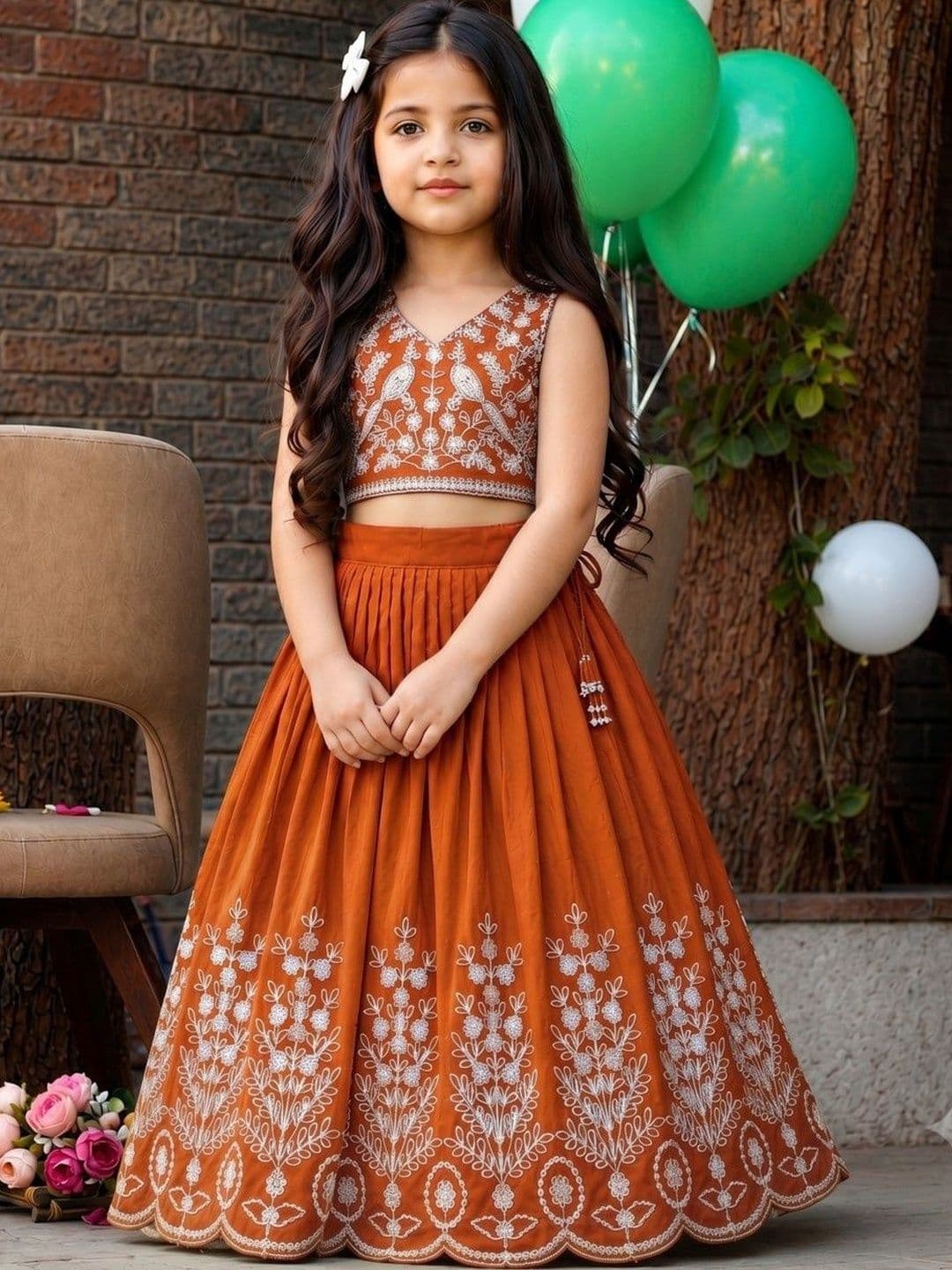 Sangria Girls Embroidered Thread Work Ready to Wear Lehenga & Blouse With Dupatta - view 1