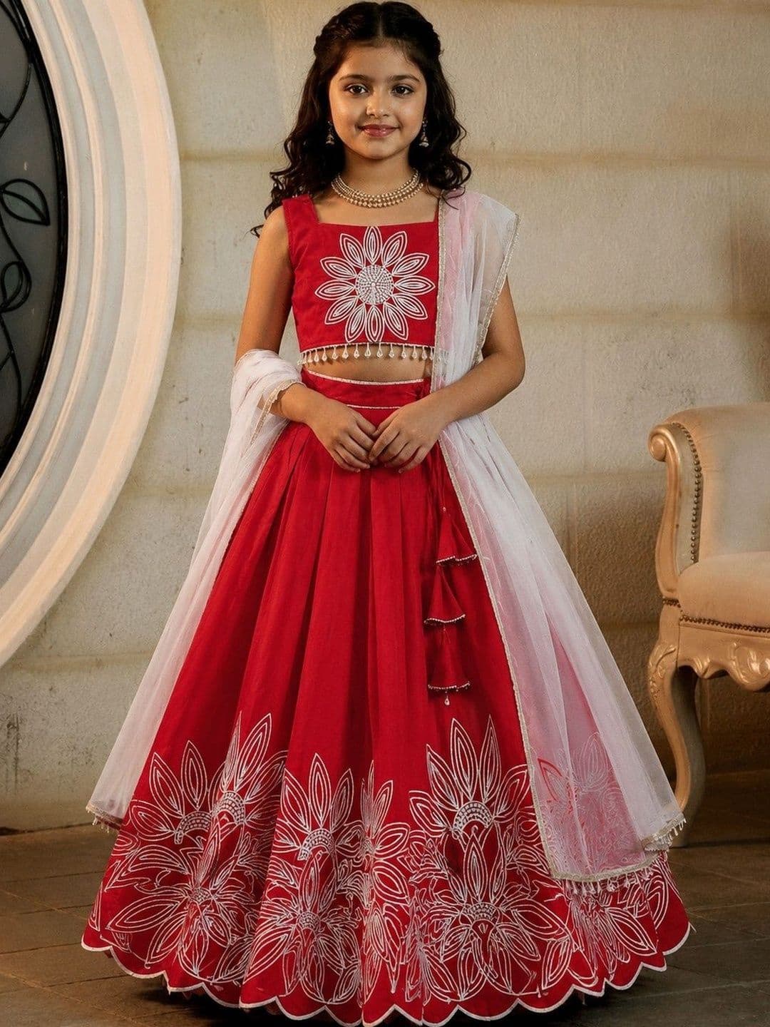 KALINI Girls Embellished Thread Work Ready to Wear Lehenga & Blouse With Dupatta - view 1