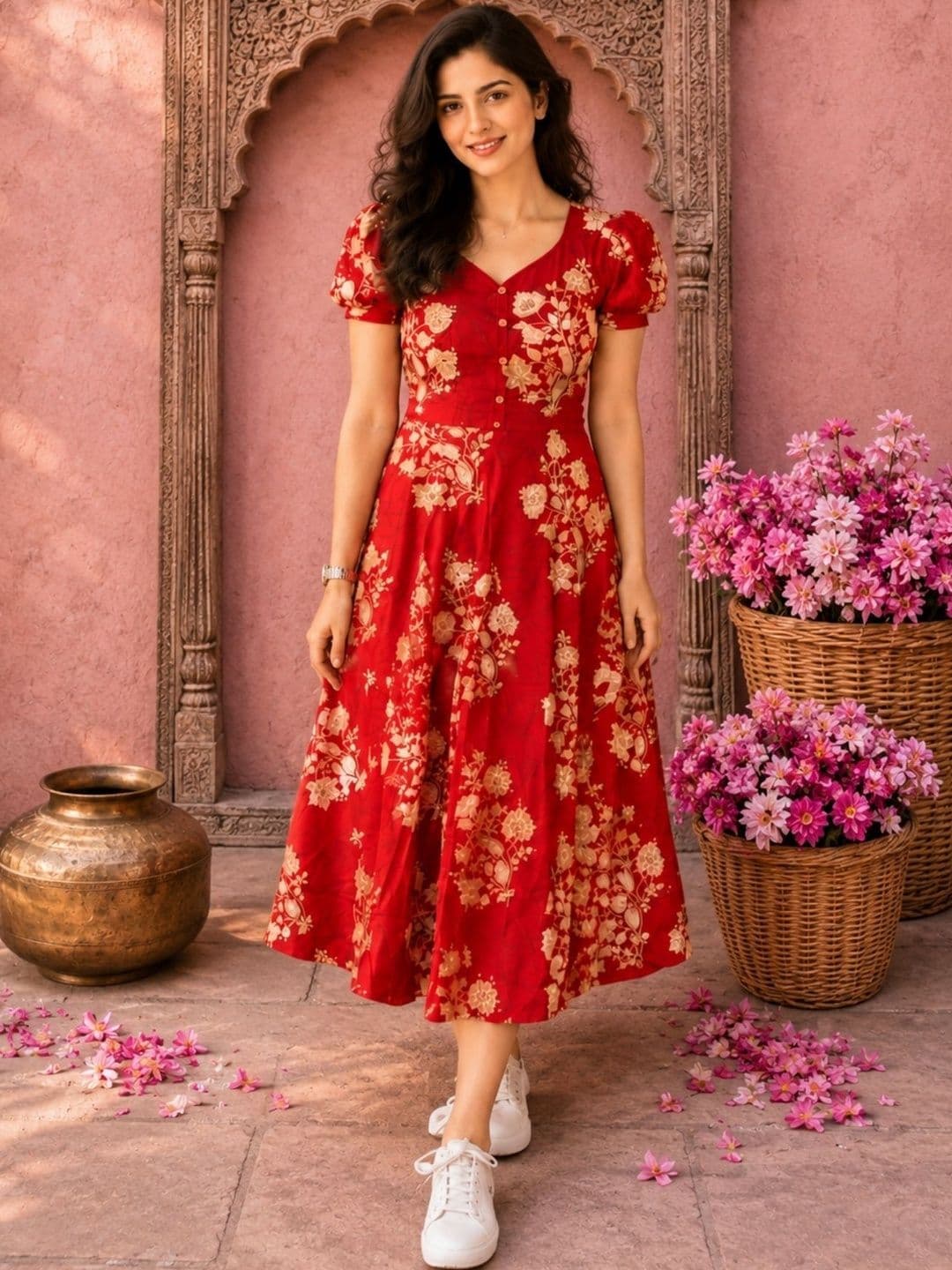 NAVYAAZRI Floral Print Puff Sleeve A-Line Midi Dress - view 1