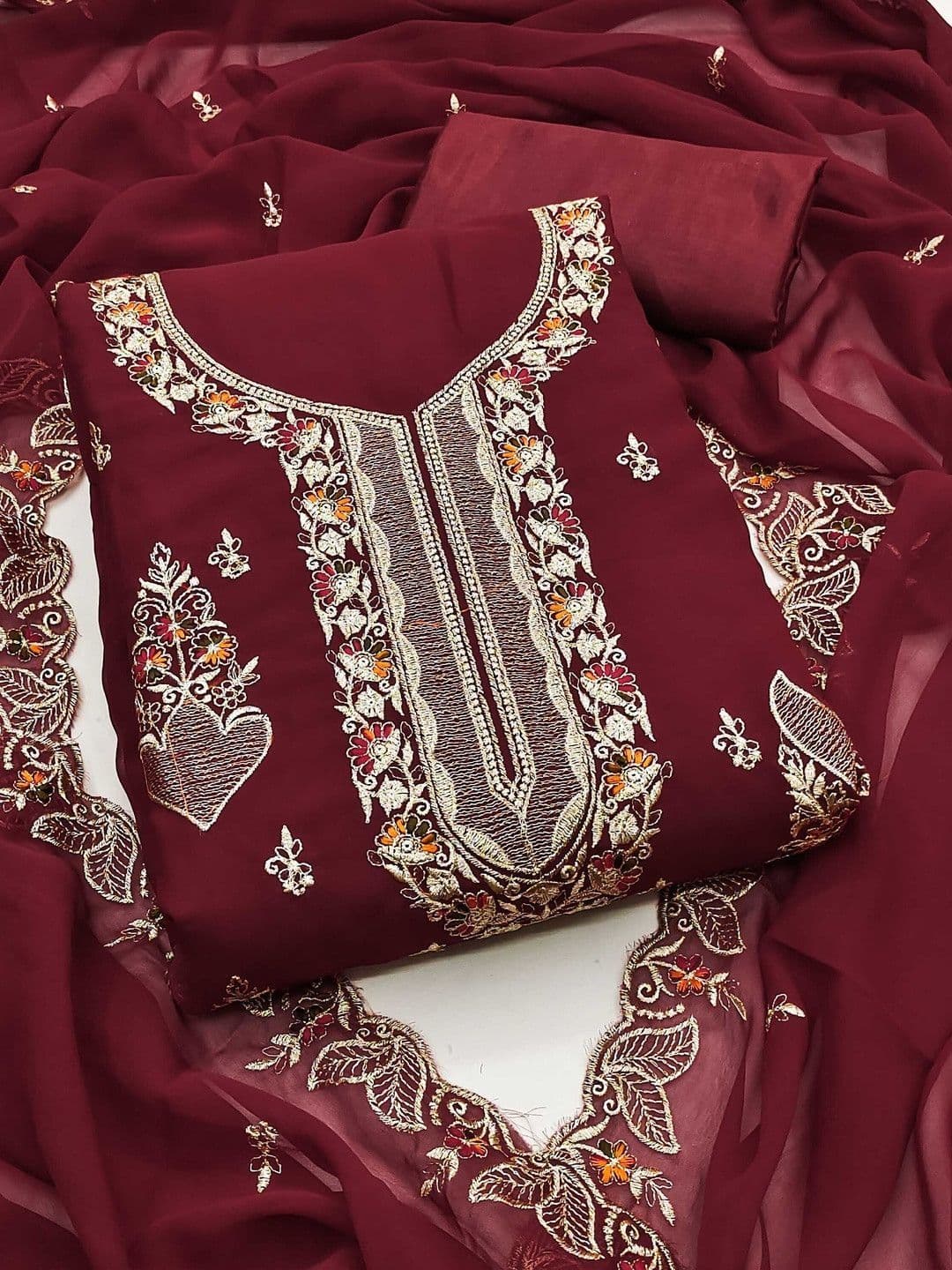 KALINI Women Maroon Embroidered Unstitched Dress Material - view 1