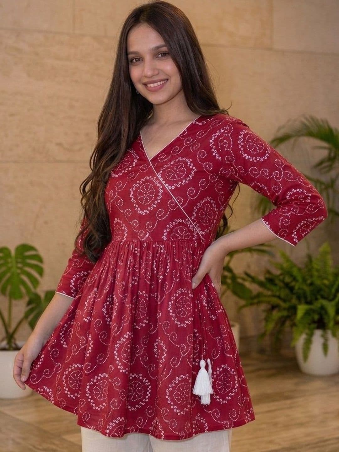 Vastrakaya Bandhani Printed V-Neck Pure Cotton Blend Angrakha Kurti - view 1