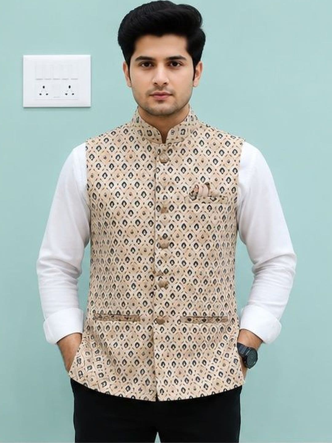EPSI Woven Design Jute Silk Woven Nehru Jackets - view 1
