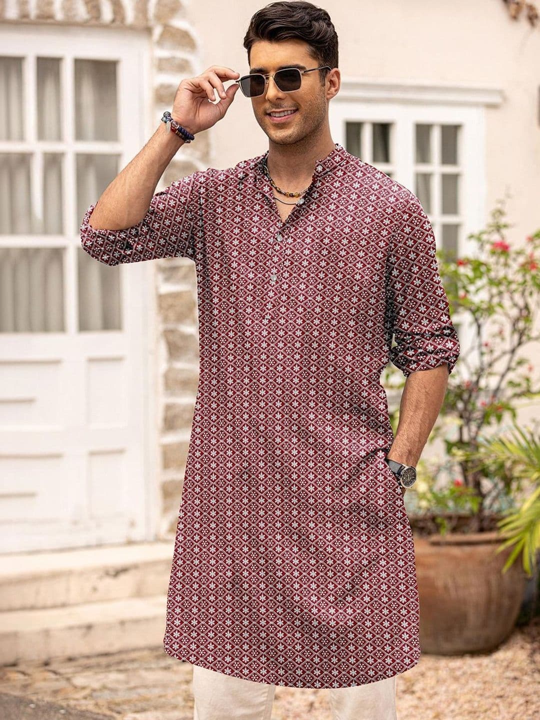 Anouk Men Maroon Cotton Embroidered Straight Kurtas - view 1