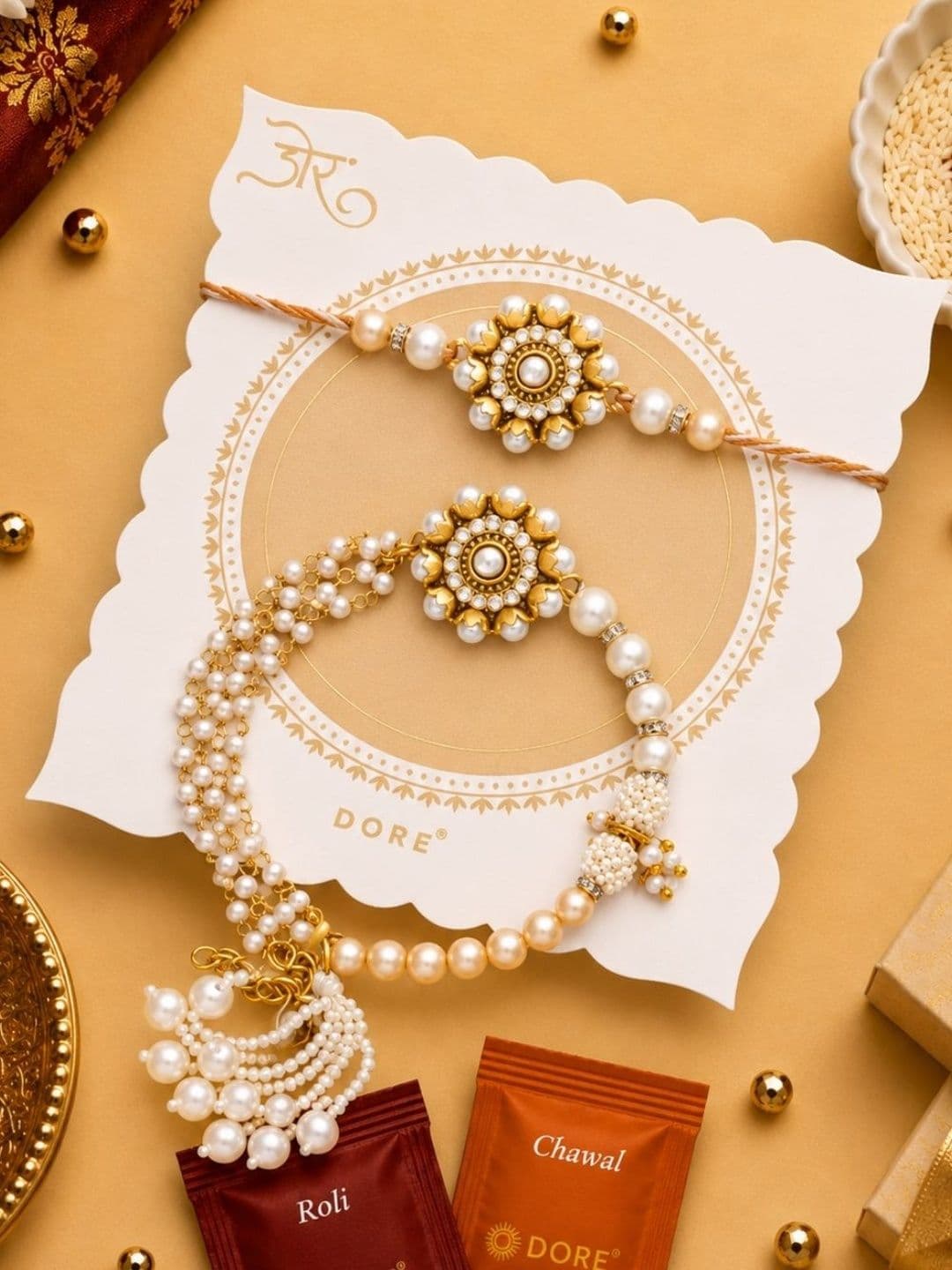 Dore Bhaiya Bhabhi Floral Pearl Rakhi & Lumba Set & Roli Chawal - view 1