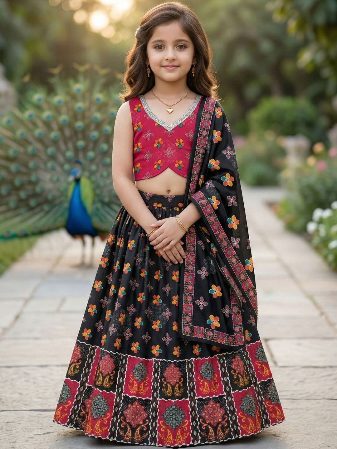 KALINI Girls Black Red Ethnic Floral Motifs Festive Printed Ready To Wear Lehenga Choli - view 1