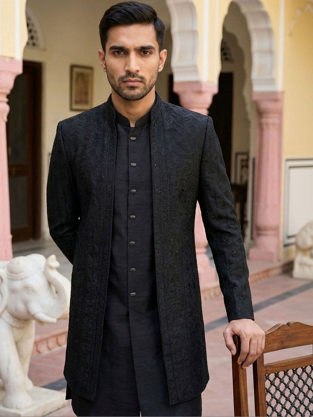 Jompers Embroidered Silk Cotton Mandarin Collar Indo-Western Set - view 1