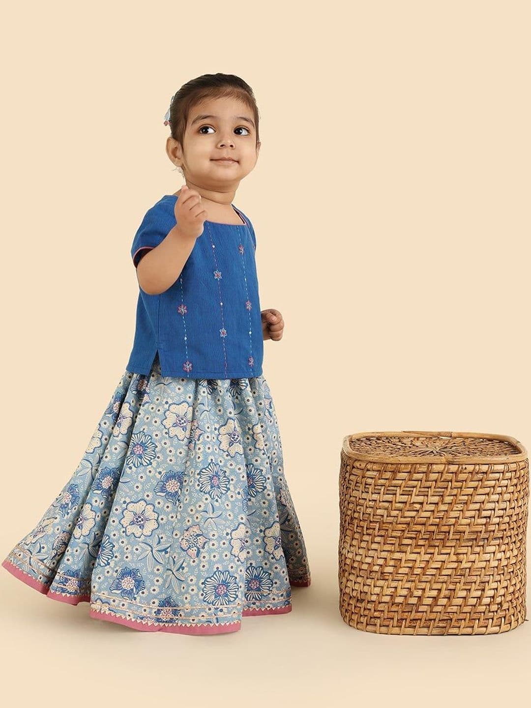 Fabindia Girls Embroidered Thread Work Block Print Ready to Wear Cotton Lehenga Choli - view 1