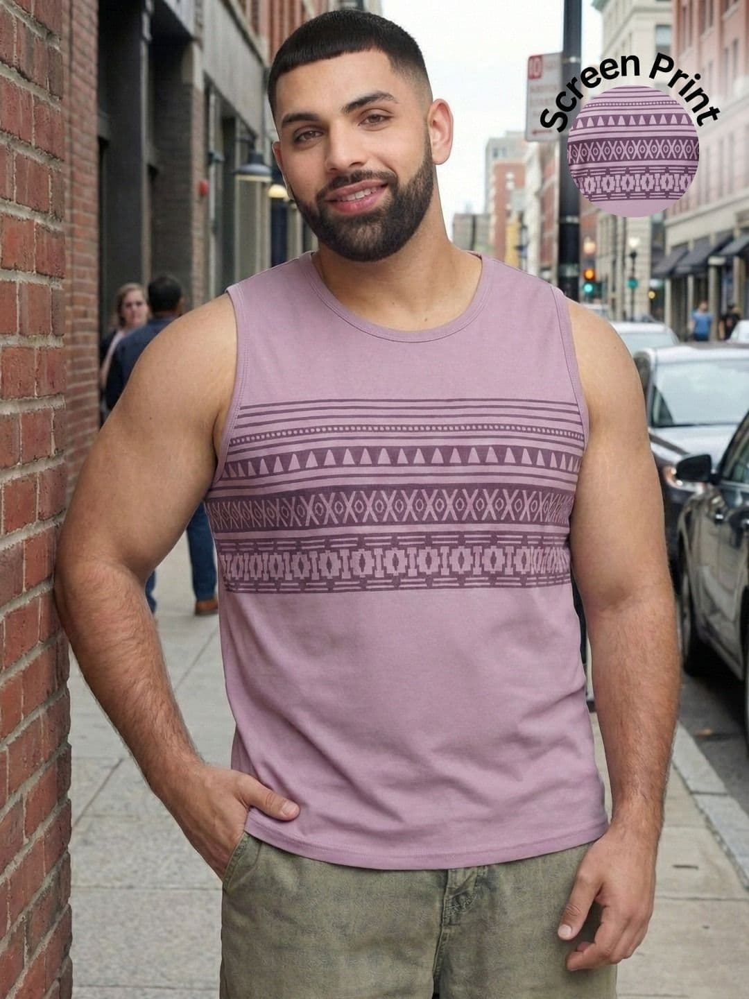 HERE&NOW Light Purple Printed Cotton Sleeveless Round Neck Regular-fit Tshirts - view 1