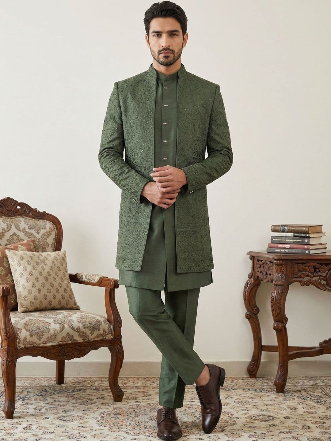 Jompers Embroidered Silk Cotton Mandarin Collar Sherwani Set - view 1