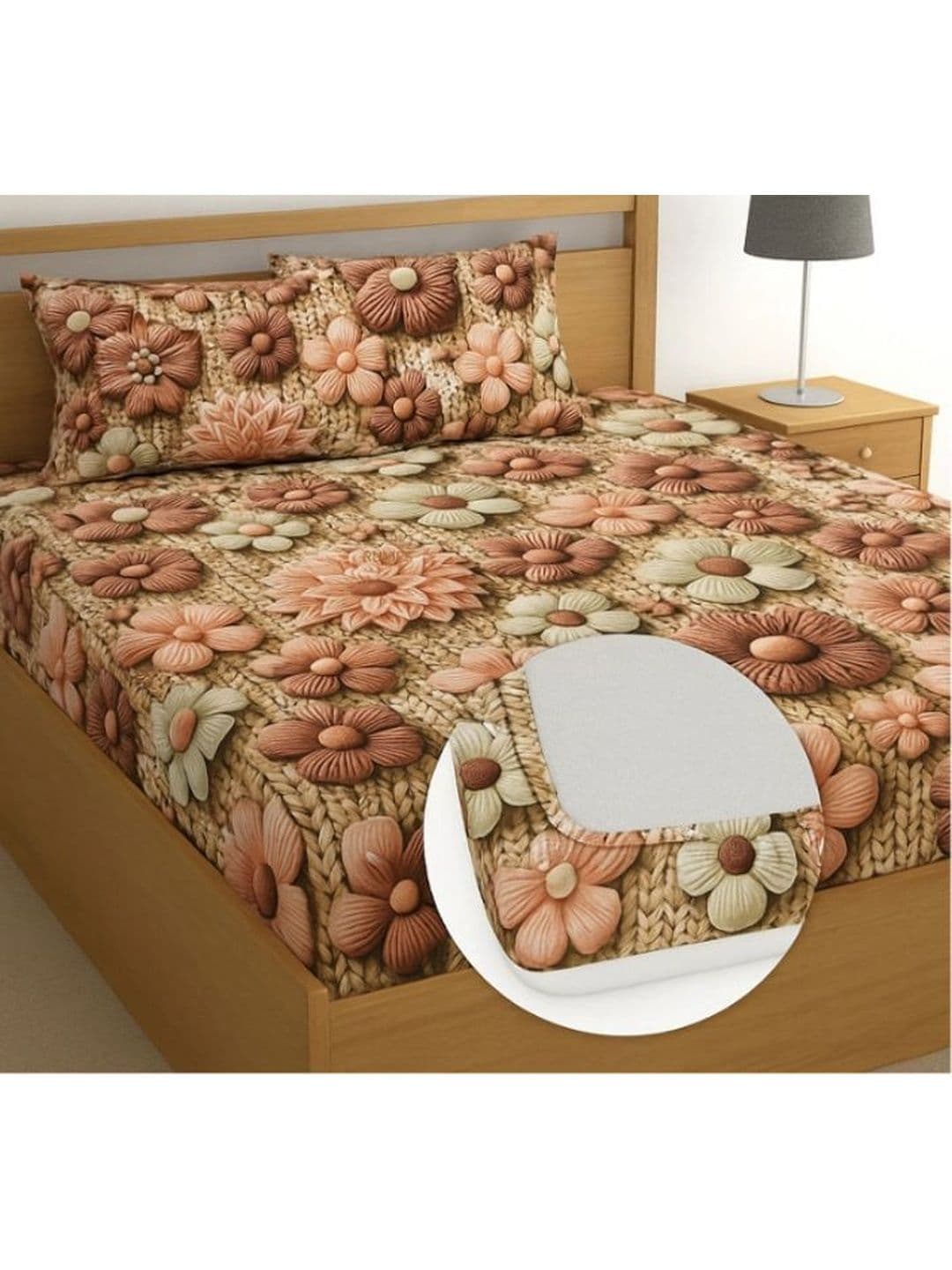 DECENT HOME Brown Floral King Bedsheet with 2 Pillow Covers - view 1