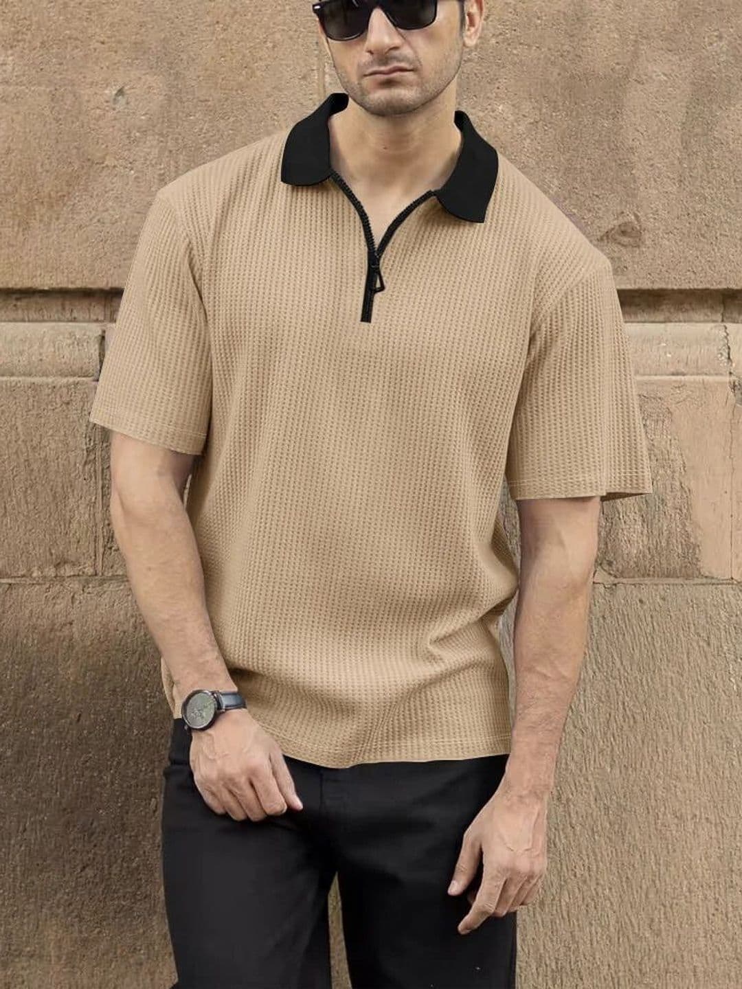 Starvy Men Polo Neck Half Sleeve Cotton Blend Beige Regular Tshirts - view 1