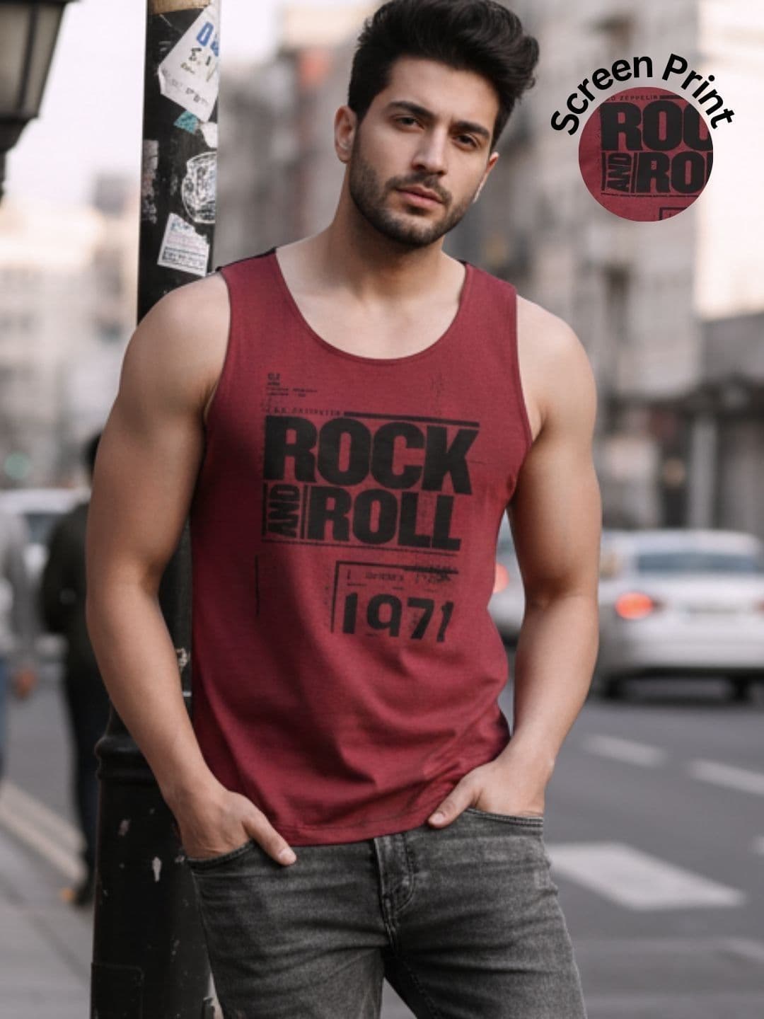HERE&NOW Placement Print Maroon Black Curved Bottom Sleeveless Cotton T-Shirt - view 1