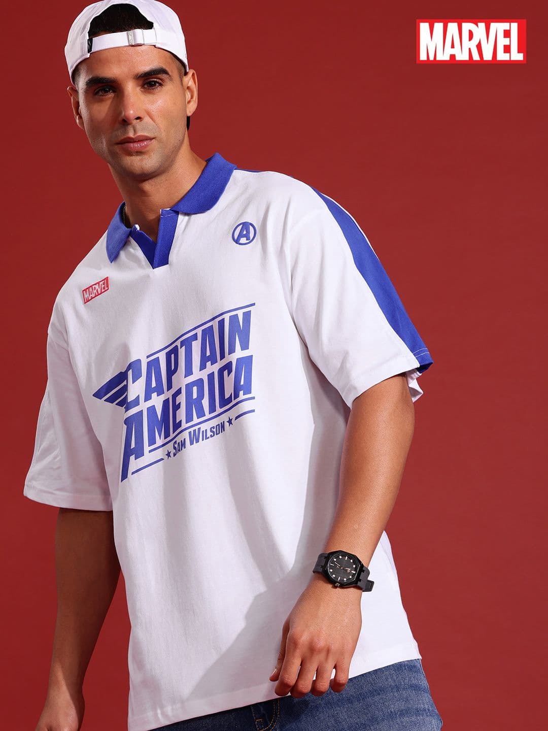 MARVEL STREET Printed Polo Collar Drop-Shoulder Sleeves Pure Cotton Relaxed T-shirt - view 1