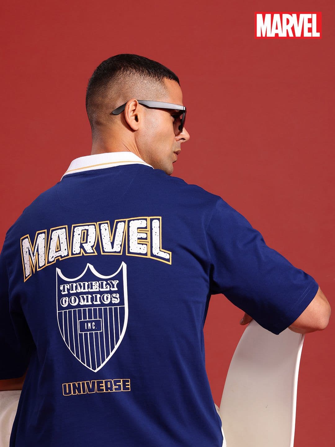 MARVEL STREET Typography Printed Polo Collar Drop-Shoulder Pure Cotton Relaxed T-shirt - view 1