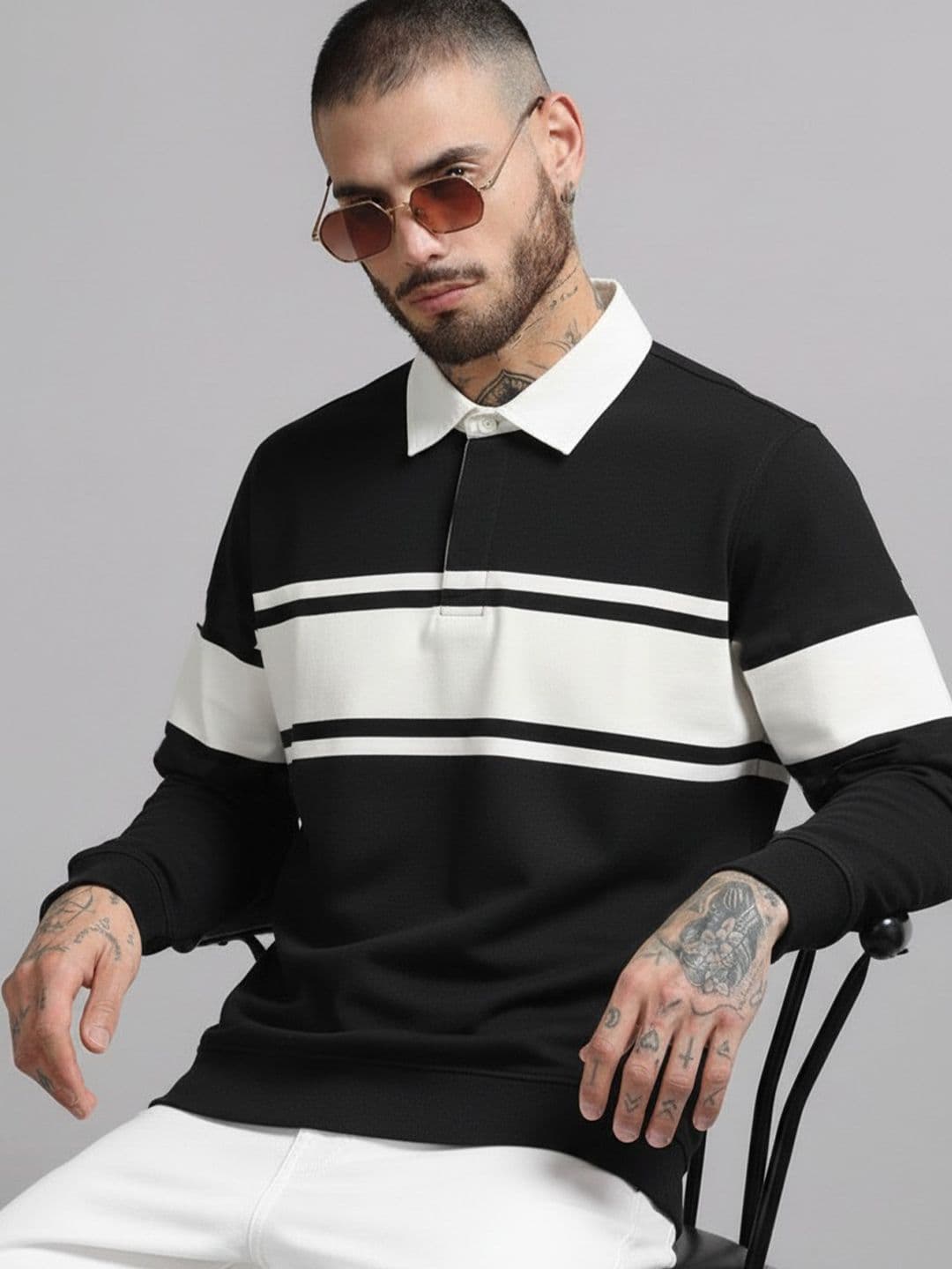 R.Code by The Roadster Life Co. Men Striped Polo Collar T-shirt - view 1