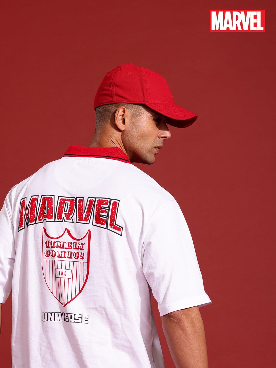 MARVEL STREET Typography Printed Polo Collar Drop-Shoulder Pure Cotton Relaxed T-shirt - view 1