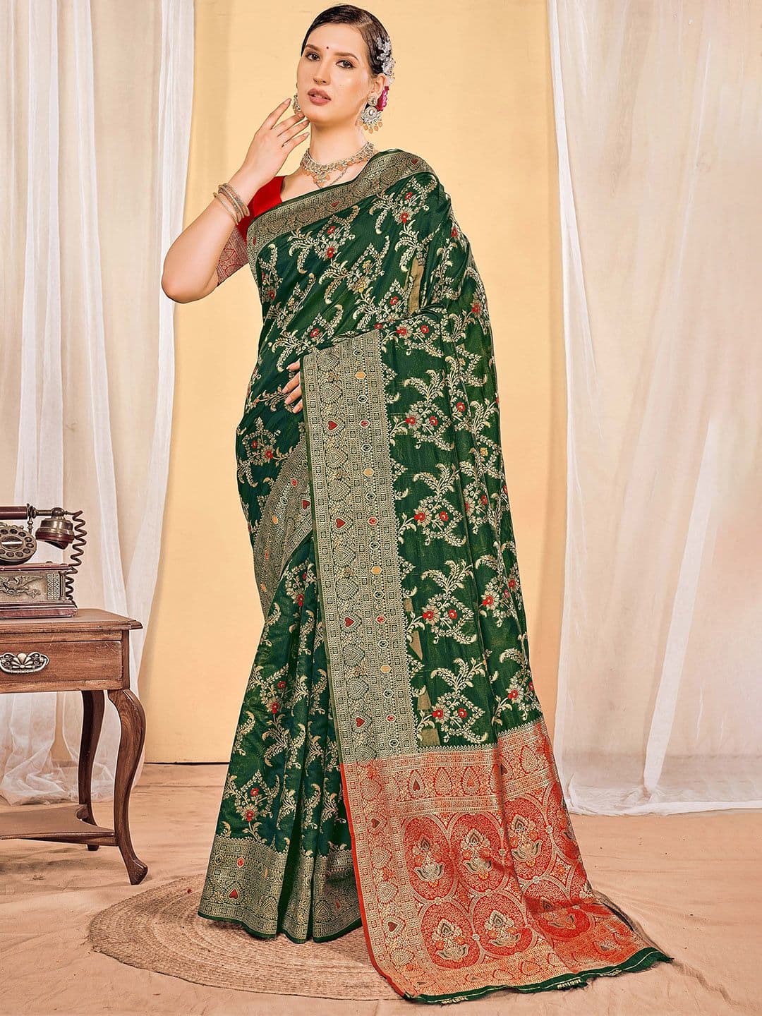 Sangria Woven Design Saree with Zari Border & Unstitched Blouse - view 1