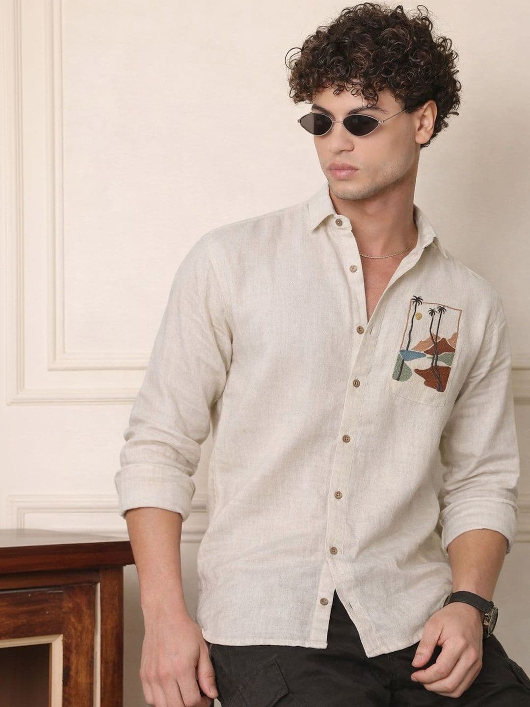 COMBRAIDED Men Linen Cotton Blend Casual Chest Graphic Detail Shirts - view 1