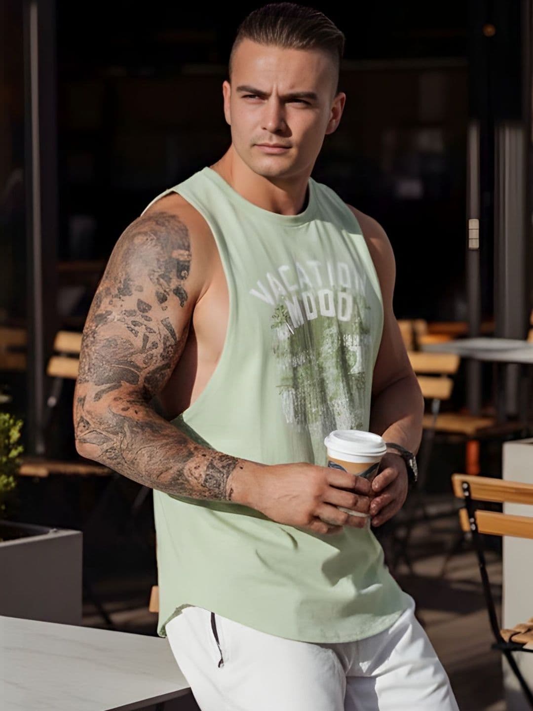 HERE&NOW Printed Round Neck Sleeveless Mint Color T-Shirt - view 1