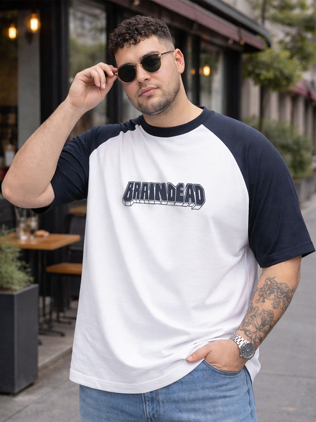 VEIRDO Men White & Navy blue Typography Printed Raglan Sleeves Oversized Plus Size T-shirt - view 1