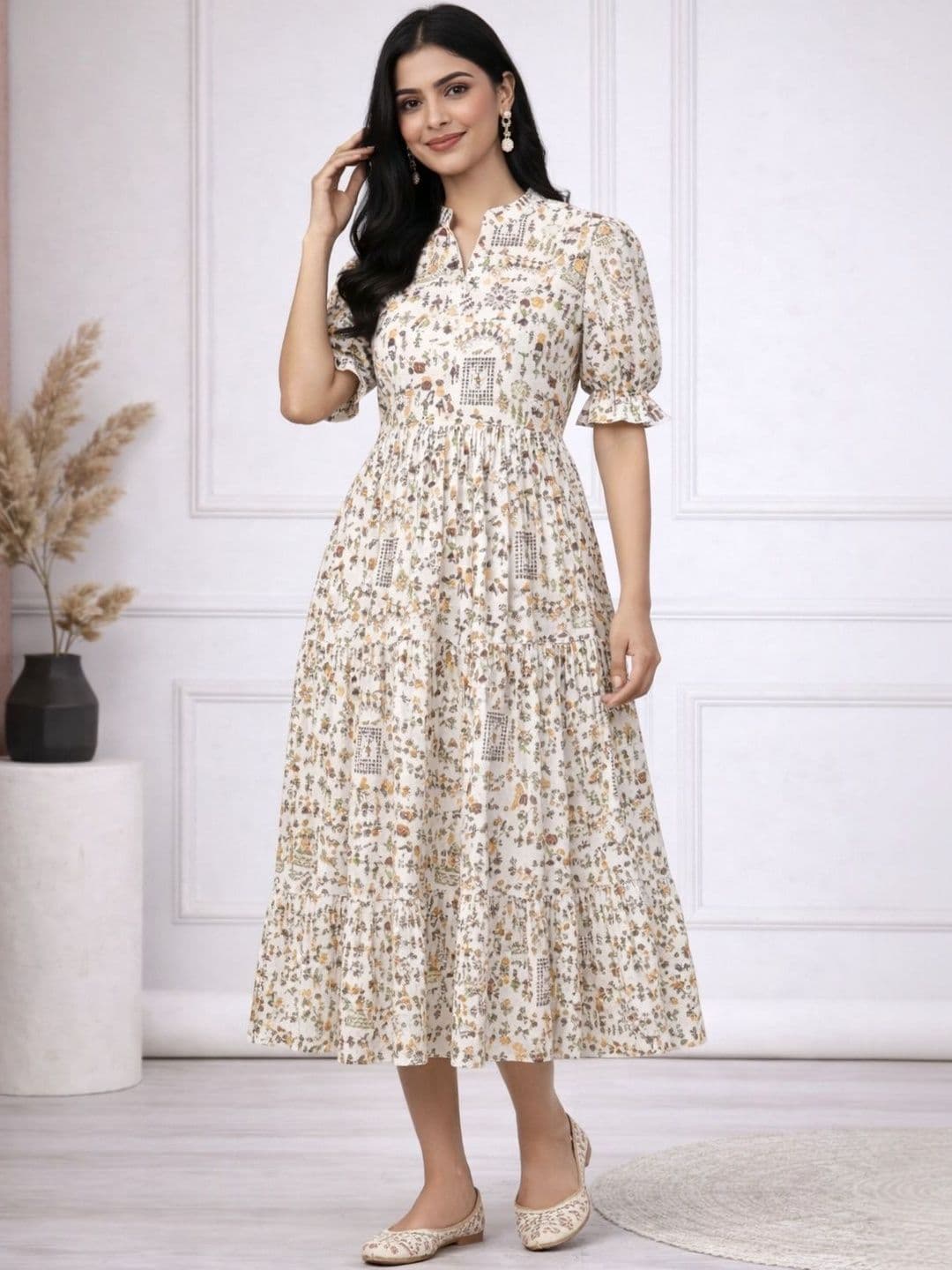 HERE&NOW Floral Print Puff Sleeve Crepe Fit & Flare Midi Dress - view 1